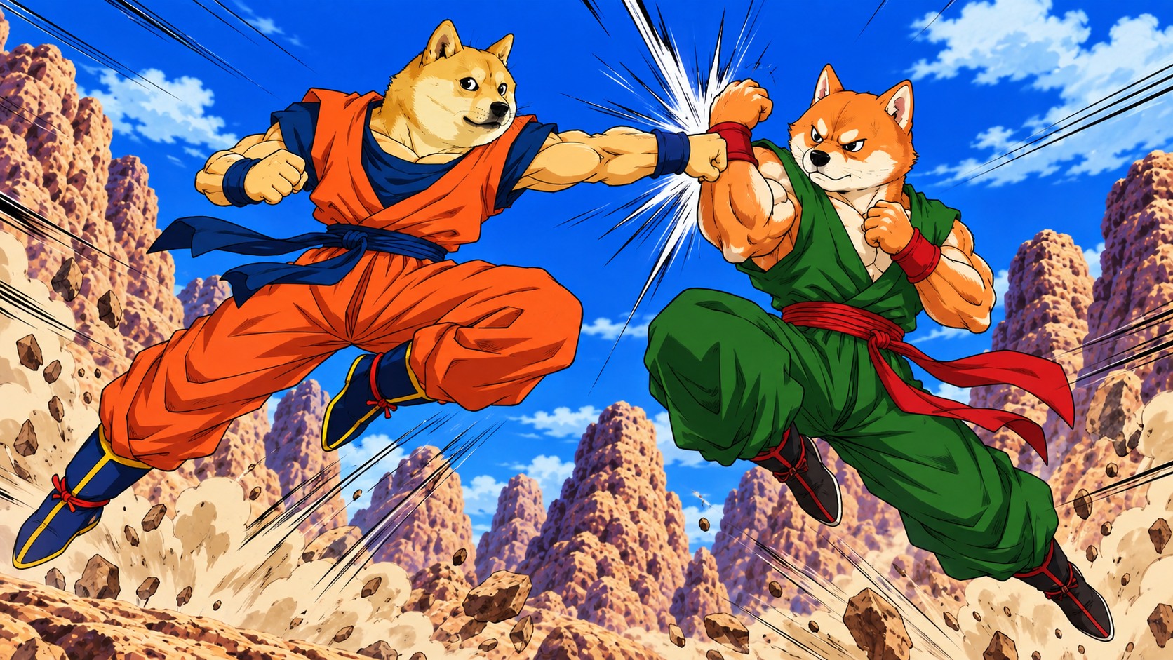 Doge and Shib exchanging punches and blocks during anime martial arts training