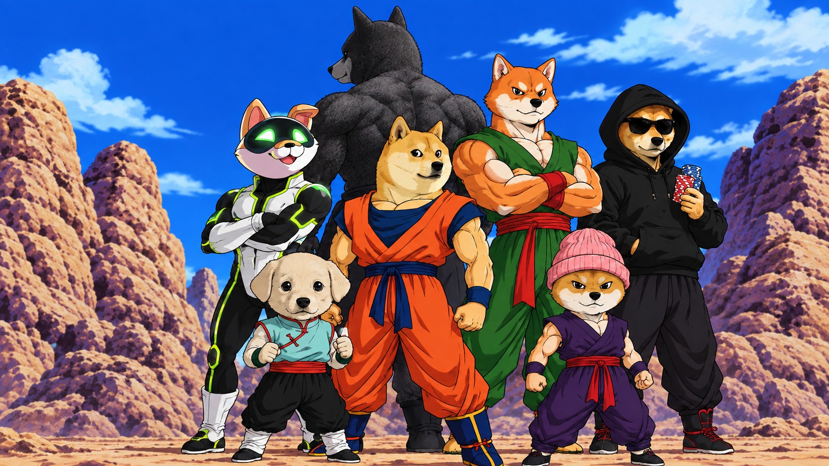 Doge, Shib, Wif, Jotchua, Artificial Inu, Allinu and Lockinu as a heroic anime squad in a rocky canyon