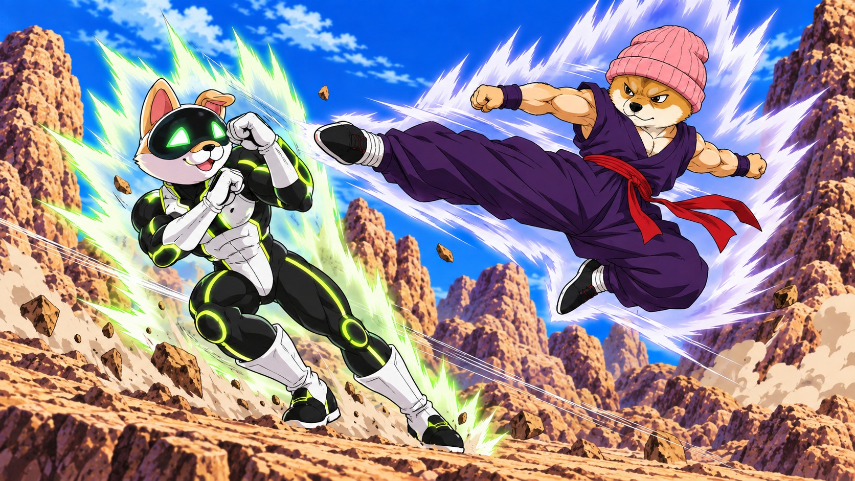 Wif and Artificial Inu sparring with a flying kick and a guarded dodge
